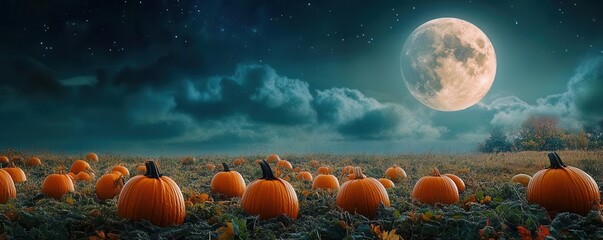 Spooky pumpkins glow under a full moon in a serene field, perfect for autumn and Halloween themes in photography.