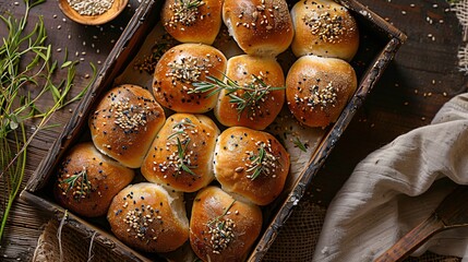 Overhead shot of bread rolls with a sprinkle of seeds, arranged on a wooden tray
