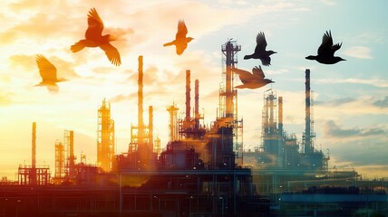 Birds near oil refineries close up, focus on, copy space vivid palette, Double exposure silhouette with oil refinery