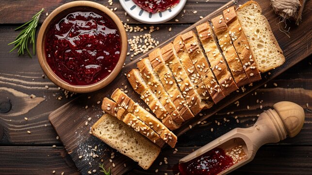 Top view of freshly baked whole grain bread slices with a bowl of homemade jam