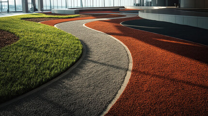 Obraz premium Curved indoor pathway with distinct green, gray, and red segments