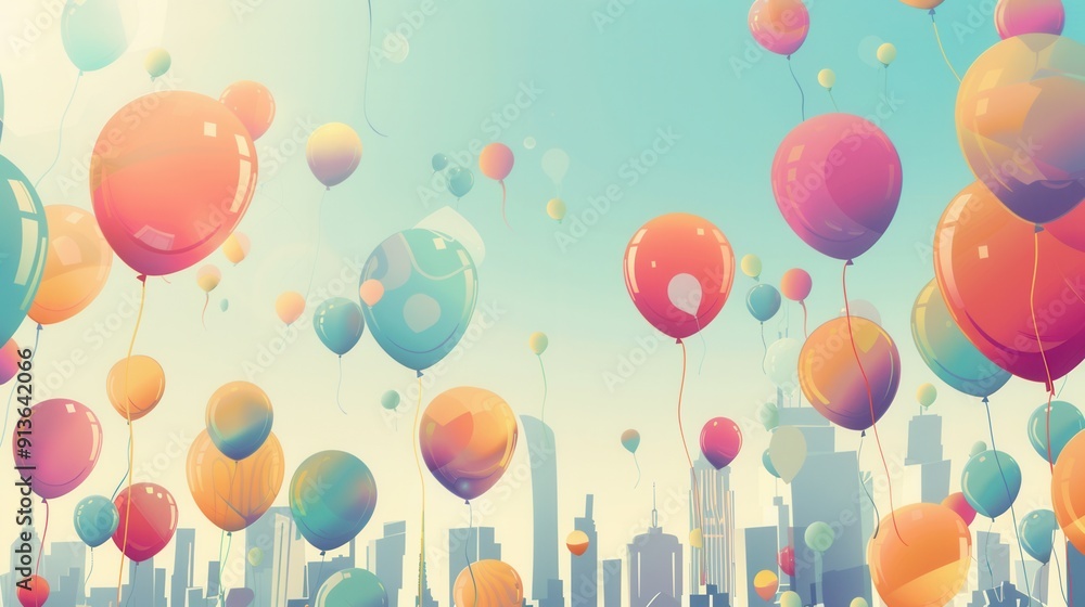 Poster brightly colored balloons float above a lively city festival, creating a joyful atmosphere as attend