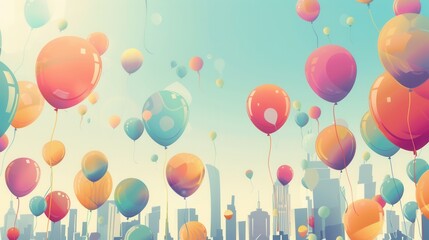 Brightly colored balloons float above a lively city festival, creating a joyful atmosphere as attendees enjoy the festive spirit and sunny weather. Generative AI