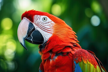 Fototapeta premium Colorful portrait of Amazon red macaw parrot against jungle background
