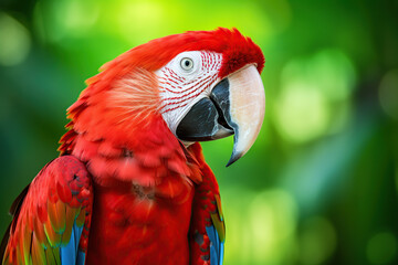 Colorful portrait of Amazon red macaw parrot against jungle background