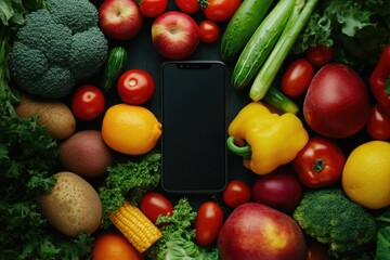 Cell phone surrounded by fresh produce