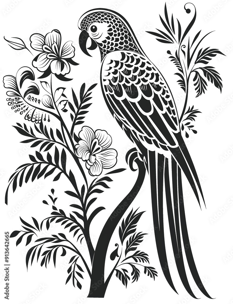 Wall mural a black and white drawing of a parrot perched on a tree branch. the drawing has a vintage feel to it