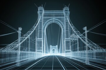 Detailed wireframe illustration of a bridge's structural design, highlighting engineering precision and architectural elements.