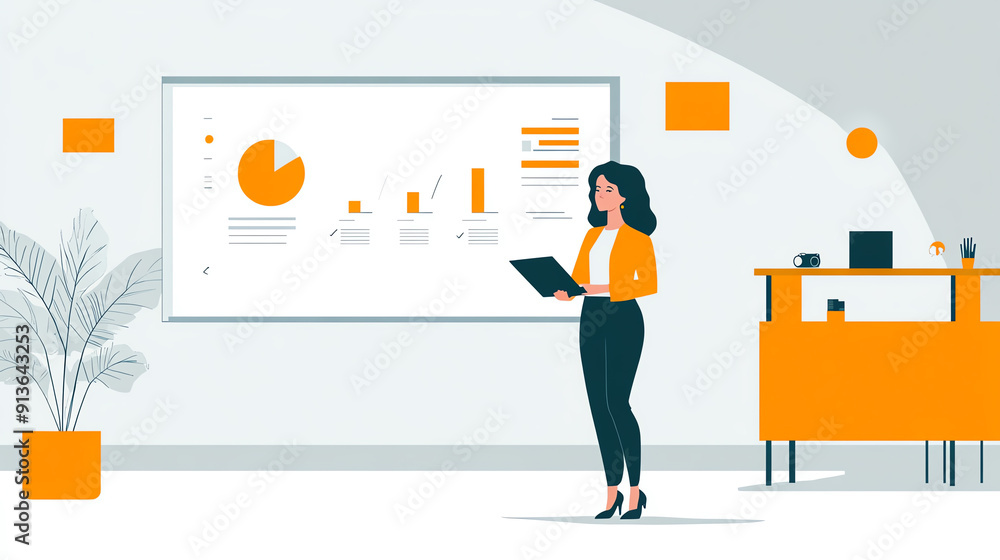Poster business presentation setup with a woman analyzing data on a screen in a modern office setting, high