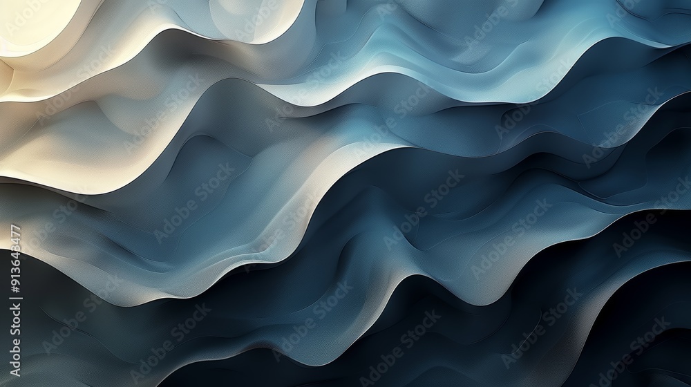 Poster abstract ocean waves pattern in shades of blue and white with soft curves and flowing shapes