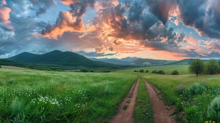 Mountain Landscape with a Dirt Road Leading Through a Green Field at Sunset