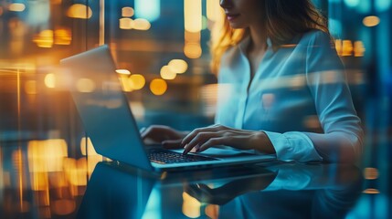 Businesswoman working on a laptop in a modern office building during the evening, illuminated by city lights through the glass windows.