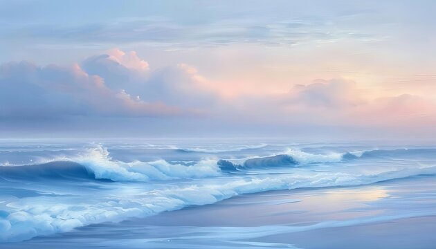 Coastal landscape with drizzle, seaside atmosphere, oil painting style, cool blues, isolated on white background