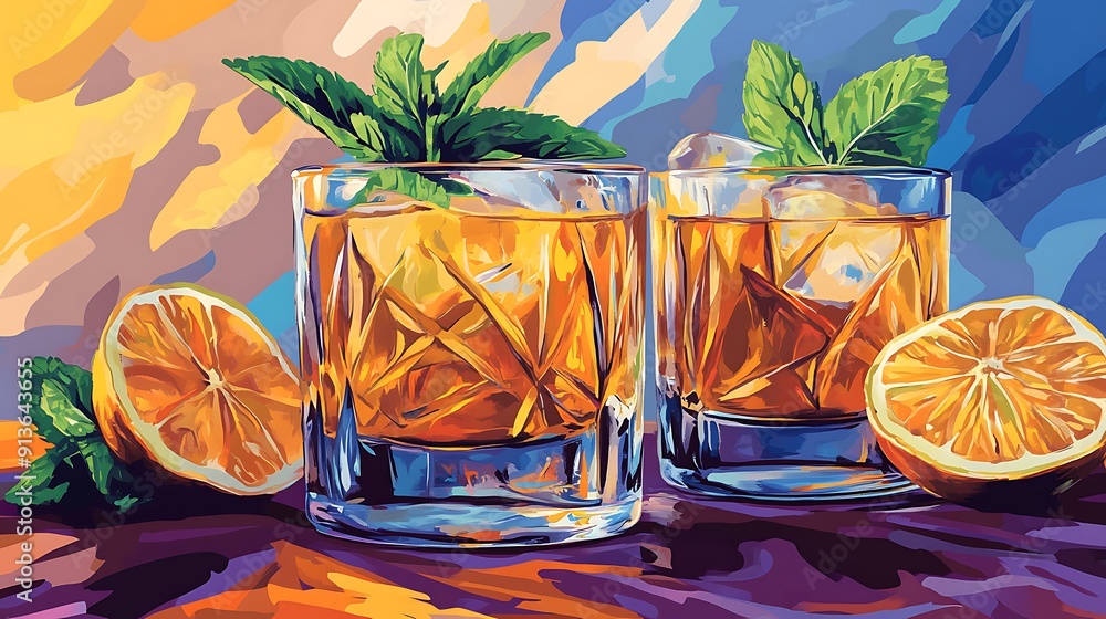 Canvas Prints Two glasses of iced lemonade with lemon slices and mint leaves on a colorful background.