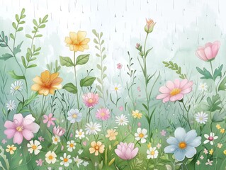 Rainy garden scene, flowers and foliage glistening, watercolor style