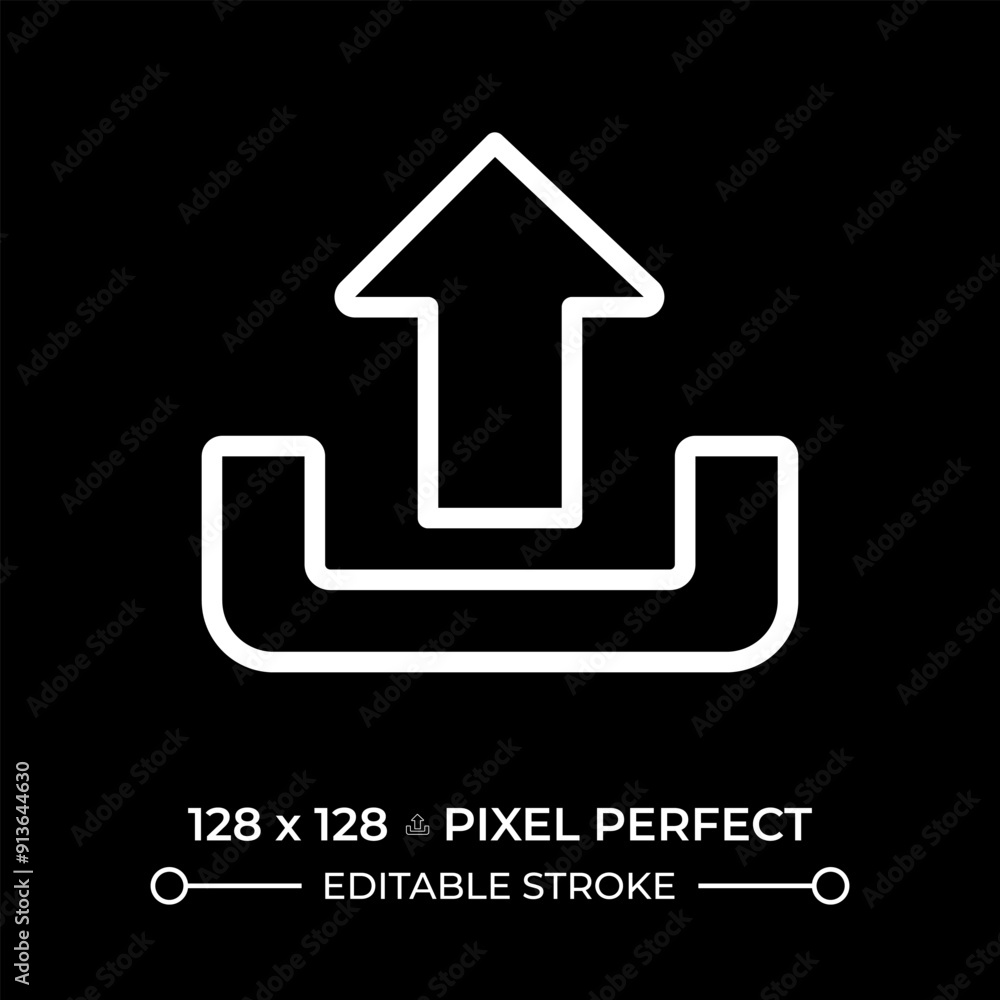 Poster upload white linear icon for dark theme. upward arrow. user interface button. data transfer and mana