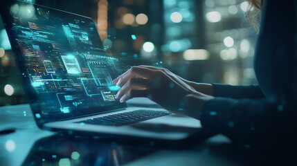 Person coding on a laptop with futuristic digital interface and data handling in a modern urban setting at night.