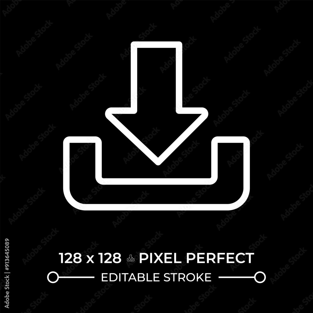 Poster download white linear icon for dark theme. downward arrow. user interface button. data transfer and 
