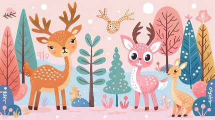 Naklejka premium Enchanted forest, magical creatures, flat design illustration