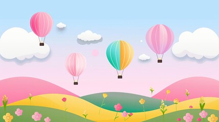 Hot air balloons, flying over fields, flat design illustration