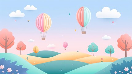 Naklejka premium Hot air balloons, flying over fields, flat design illustration