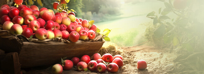 Fototapeta premium Ripe red apple fruits in apple orchard.