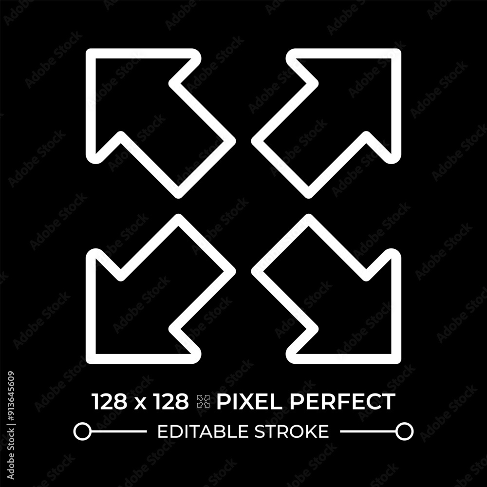 Poster expand white linear icon for dark theme. four arrows pointing outwards to represent expansion or ful