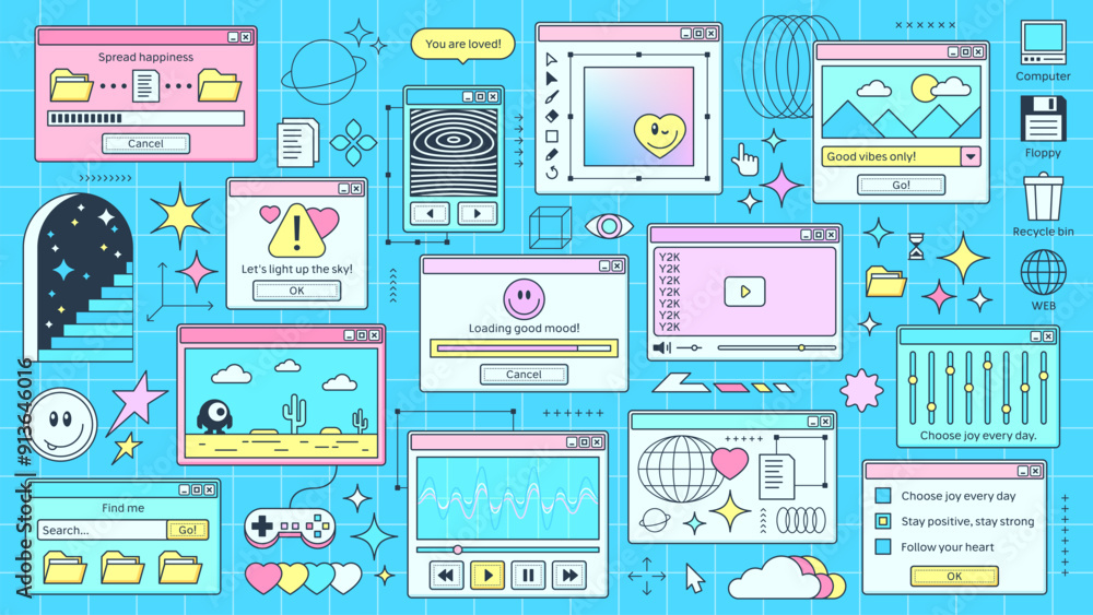 Poster Y2K retro browser windows and internet pages in computer PC screen, cartoon vector background. Retro 90s Y2K computer UI interface display window, browser tab, loading bar and music media player icons