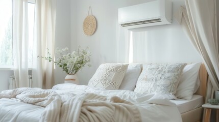 A modern living room features an air conditioner, lush textiles, and natural light, creating a cozy and inviting space for relaxation and comfort. Generative AI