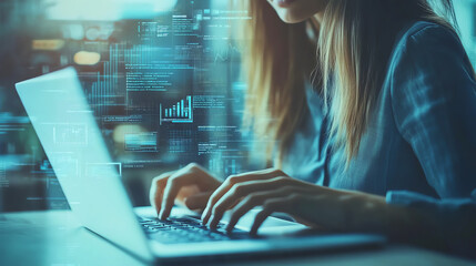 Woman working on laptop with futuristic interface, engaging in data analysis and tech development in a modern workspace setting.