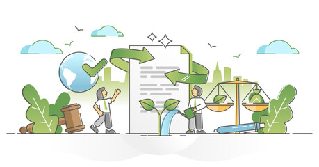 Green policy agreement as document with protect nature plan outline concept, transparent background. Planet preservation and sustainability deal. © VectorMine