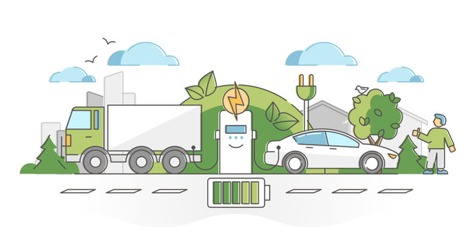 electric vehicles charging station, green truck, white car