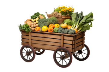 Vibrant Vegetable Cart Filled With Fresh Produce in a Sunny Market Setting on Transparent PNG Background.