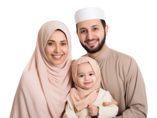 Muslim Family of 3 Isolated on Transparent Background
