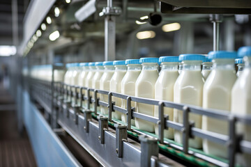 Obraz premium Conveyor belt with bottles of juice at a modern dairy plant