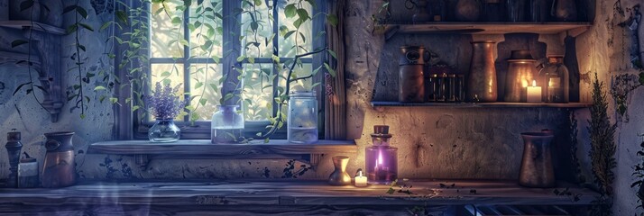 Old cottage interior with a mystical display of witch s shelves and a luminous bottle of purple nail polish