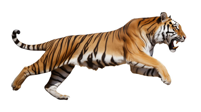 Angry Tiger Running Side View Isolated on Transparent Background
