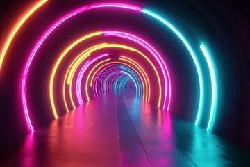 Obraz premium Abstract tunnel of a multicolor spectrum background. Bright rays of neon light and colorful glowing lines moving speed through the dark. with generative ai