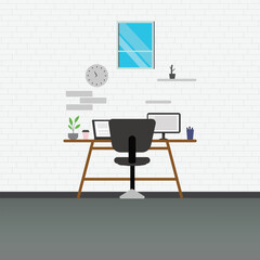 Home Office vector illustration in flat style. Modern Office Workspace, Corporate Interiors, Furniture, chair, desk, computer, bookcase, clock on the wall and window.