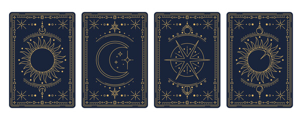 Tarot cards with magic occult and esoteric symbols and mystic signs, vector reverse decks. Tarot cards with golden line sun, moon crescent and star in celestial frames with sacred geometry design