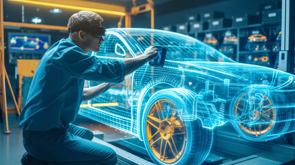 In the workshop, an engineer uses augmented reality to conceptually design a car with an illuminated holographic interface, showcasing futuristic technology