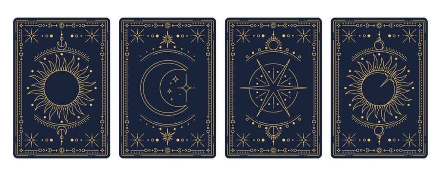 Tarot cards with magic occult and esoteric symbols and mystic signs, vector reverse decks. Tarot cards with golden line sun, moon crescent and star in celestial frames with sacred geometry design