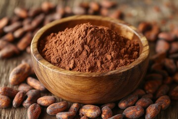 Cocoa Powder in Wooden Bowl with Beans