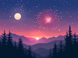 Fototapeta premium Mountain horizon, fireworks display, festive decorations, flat design illustration