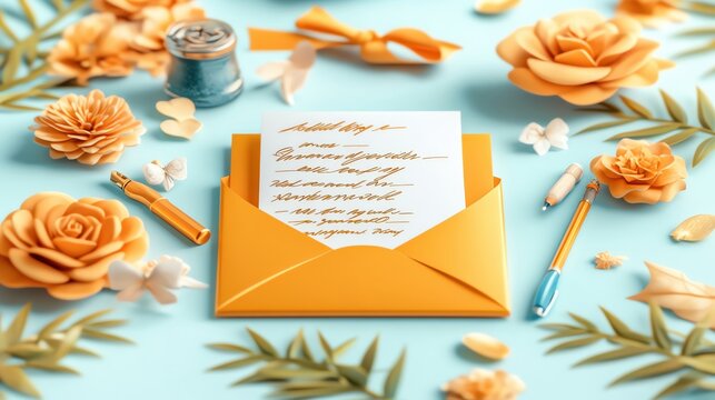 World Letter Writing Day, golden letter, large copy space, copy space for text , realistic photo style , high clarity