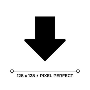 Downward thick arrow black glyph icon. Pointer symbolizing direction or download. Falling down. Decrease and discount. Silhouette symbol on white space. Solid pictogram. Vector isolated illustration