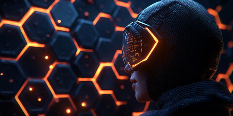 Creative blue hexagonal background with binary code. Technology, design and landing page concept