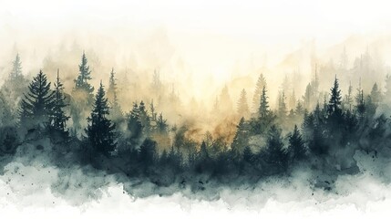 Foggy forest horizon, landscape element, digital painting, muted colors, isolated on white background