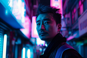 Neon Lit Night Street Scene with Pensive Man in Urban Setting