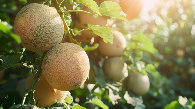 close up of a melon hanging on the tree